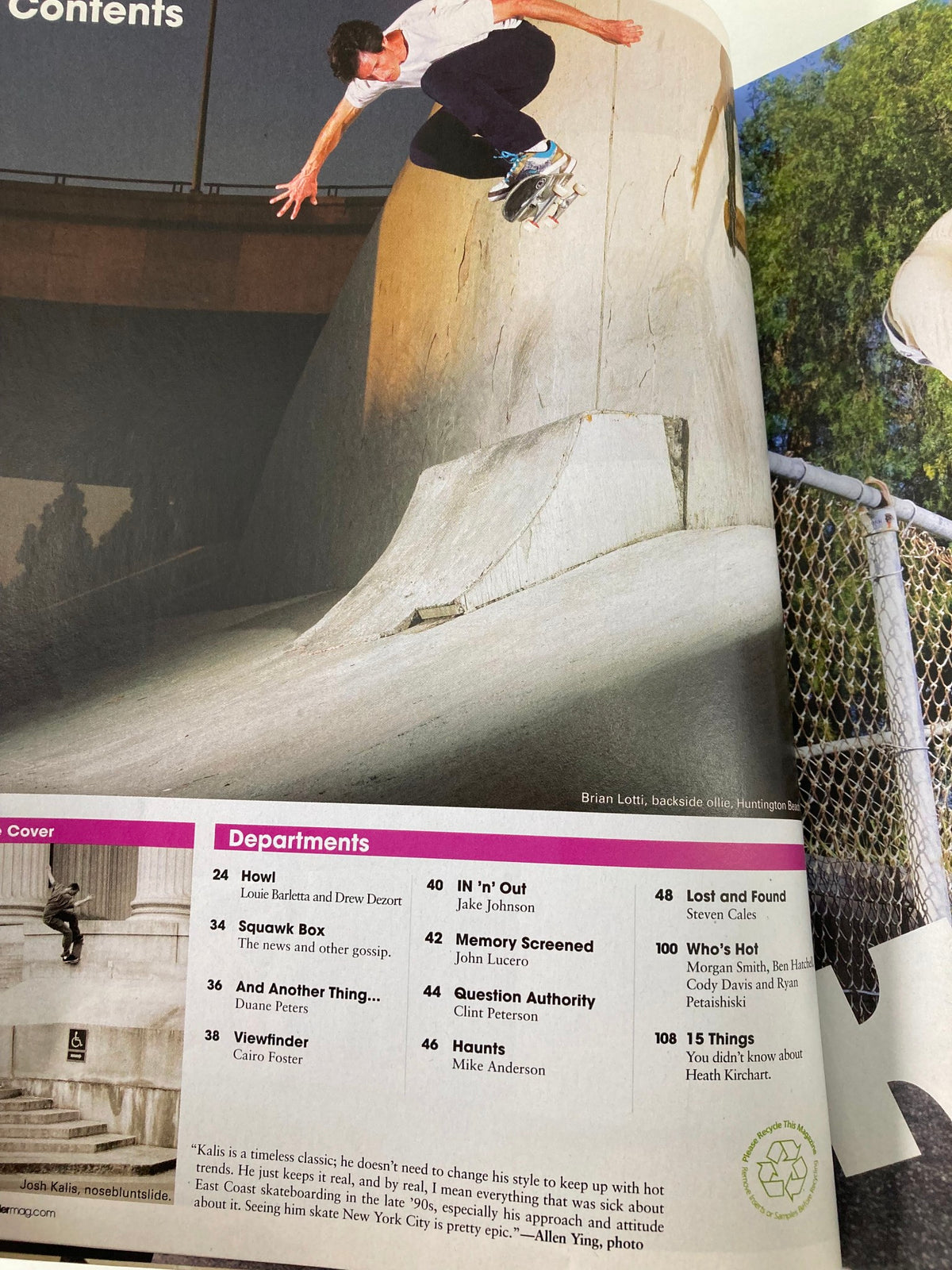 Interior page of Skateboarder Magazine August 2009 showcasing contents with Cairo Foster and other featured skateboarders, emphasizing the magazine's rich skateboard heritage.