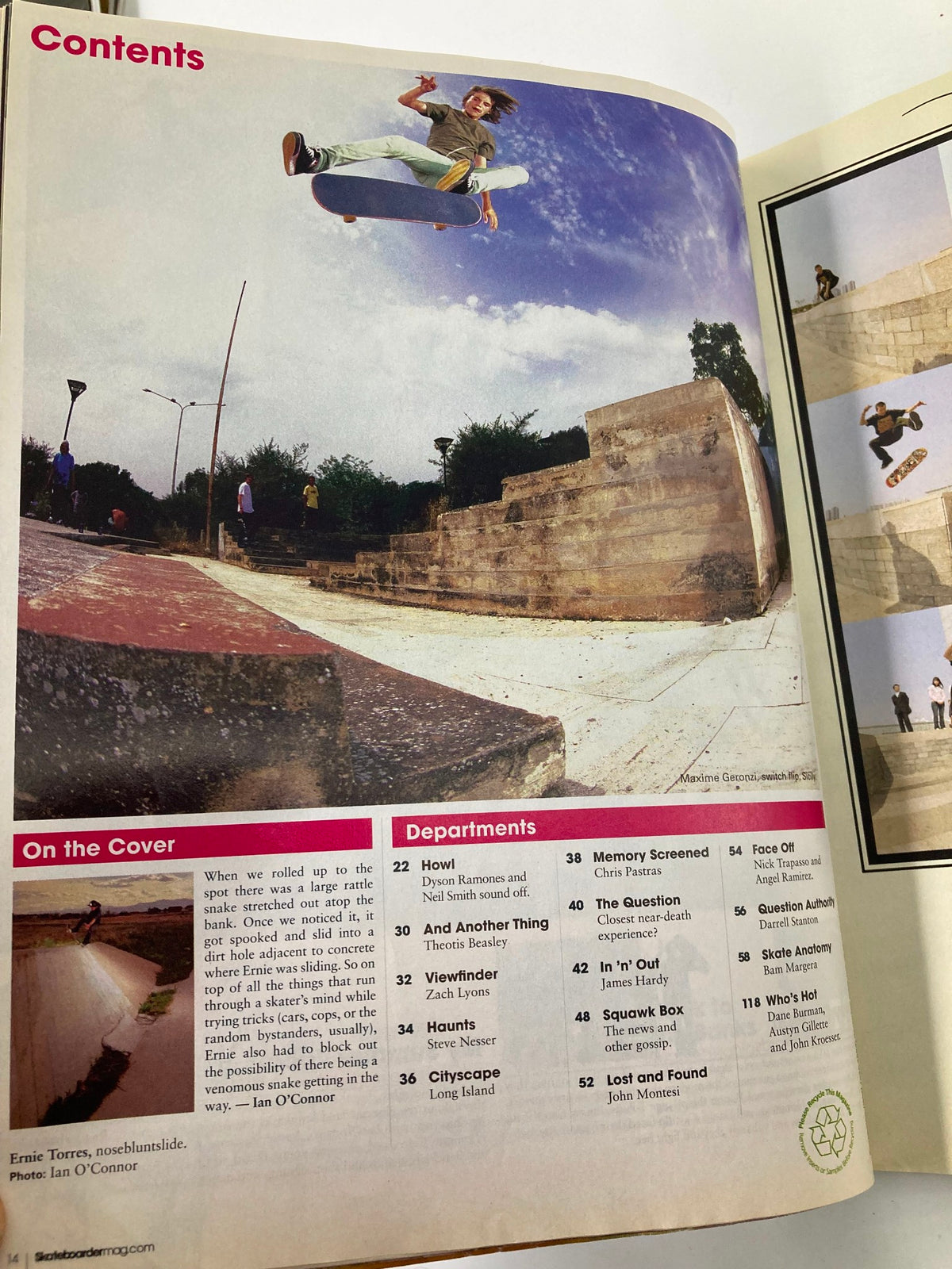 Contents page of Skateboarder Magazine December 2008 Vol 18 #4, featuring an action shot of Ernie Torres performing a nosebluntslide, highlighting key articles and features related to skateboarding.