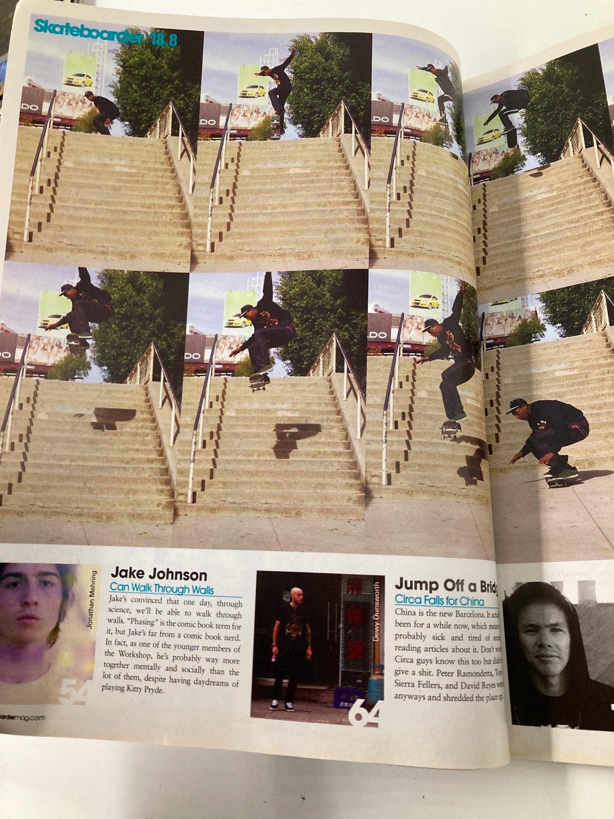 Inside Skateboarder Magazine April 2009 Vol 18 #8, a sequence of Jake Johnson performing a skateboard trick down stairs, highlighting the dynamic nature of skateboarding.