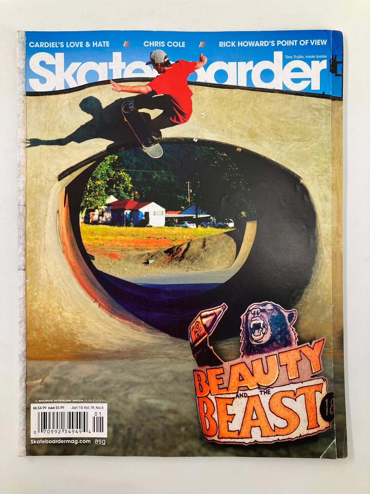Skateboarder Magazine January 2010 featuring a skater in mid-action on the cover, showcasing Tony Trujillo's inside lipslide performance.