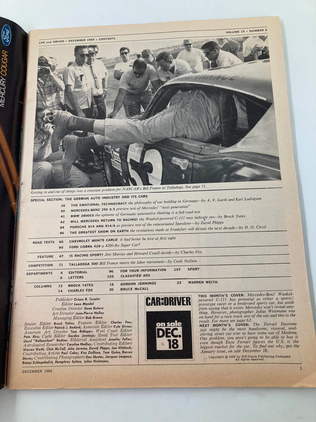Car and Driver magazine December 1969 contents page featuring coverage on NASCAR and the Mercedes Benz Wankel-Powered C-111, highlighting automotive advancements of the era.