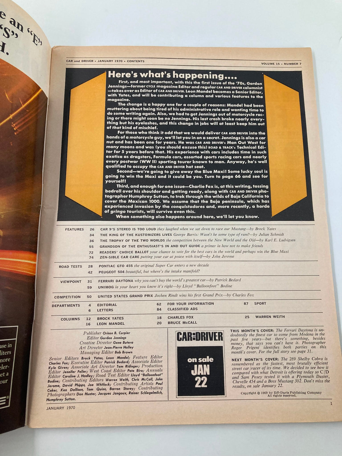 Contents page of Car and Driver Magazine, January 1970 edition, highlighting articles and features such as the Ferrari Daytona. This page details editorial contributions and upcoming content for car enthusiasts.