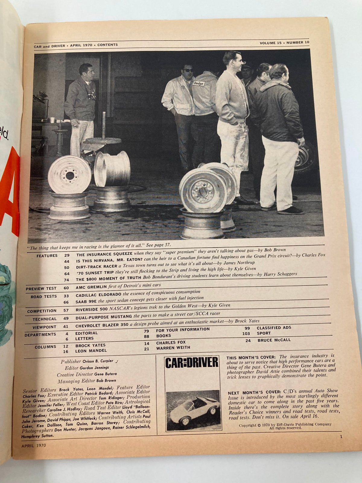 Contents page of VTG Car and Driver Magazine April 1970 displaying articles and features on high-performance cars, including the theme of 'Insurance Squeeze' and details of automotive innovations.