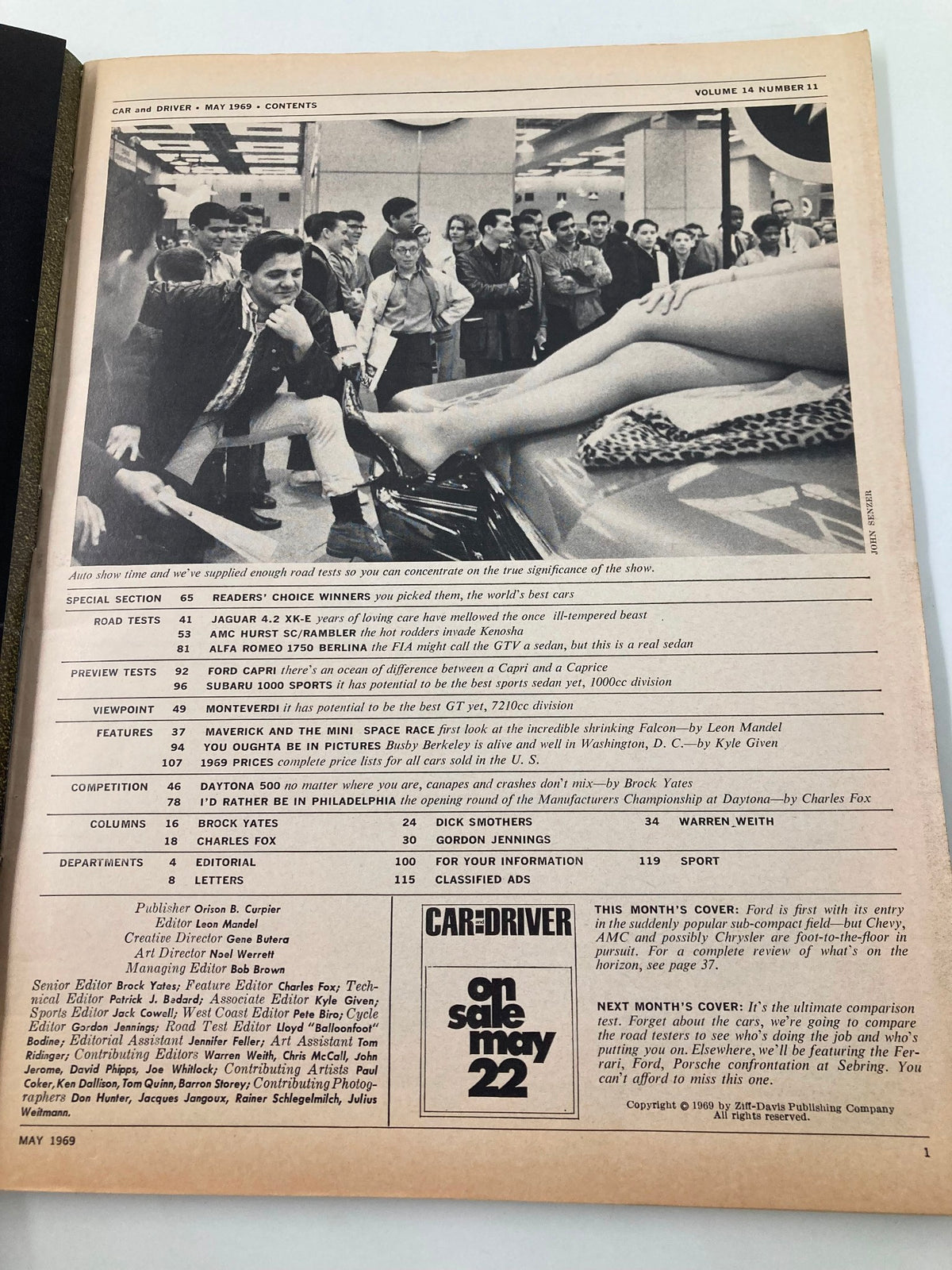 Contents page of Vintage Car and Driver Magazine May 1969 with listings of features, road tests, and automotive topics covered in this issue.