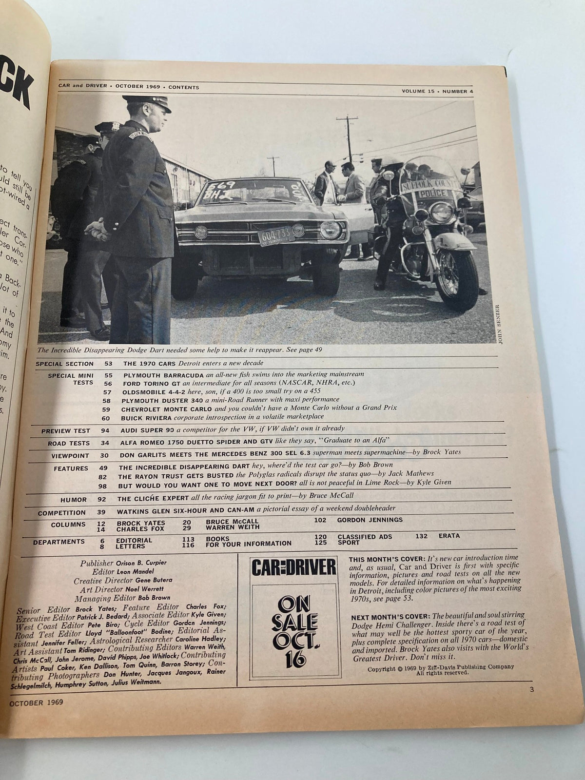 Contents page of Car and Driver Magazine, October 1969, featuring articles on the Dodge Dart, Plymouth Barracuda, and more.