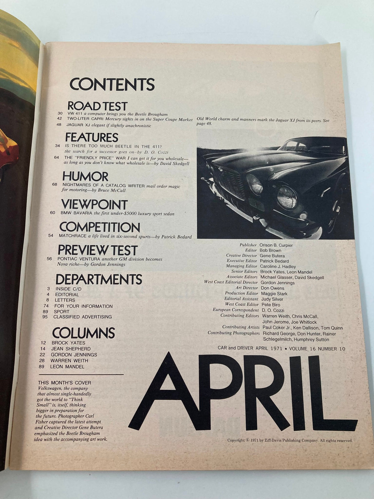 Contents page of Car and Driver Magazine April 1971, detailing articles including VW 411 and luxury sports sedans.