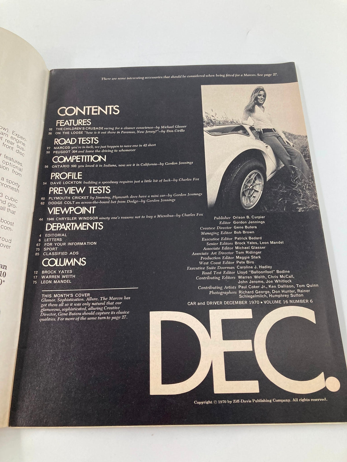 Inside contents page of Car and Driver magazine December 1970, highlighting features and articles related to Dodge Colt, Plymouth Cricket, and automotive insights.