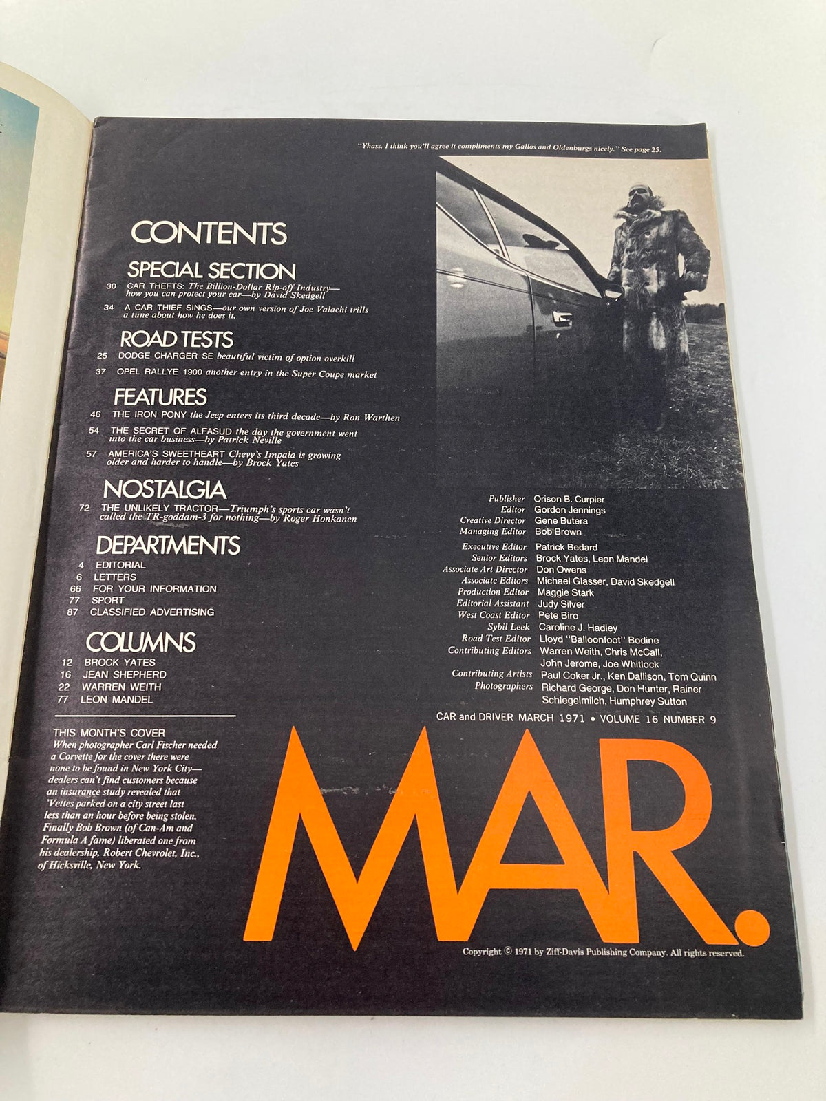 Contents page of VTG Car and Driver Magazine March 1971 featuring Bob Brown, showcasing article titles and sections including road tests and features related to automotive culture.