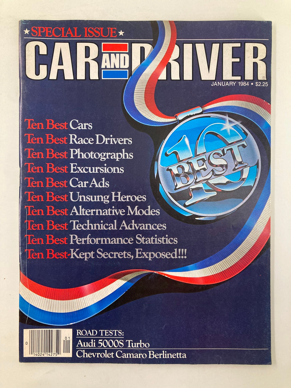 Cover of VTG Car and Driver Magazine January 1984 featuring Audi 5000s Turbo and Chevy Camaro, highlighting 'Ten Best' features in automotive excellence.
