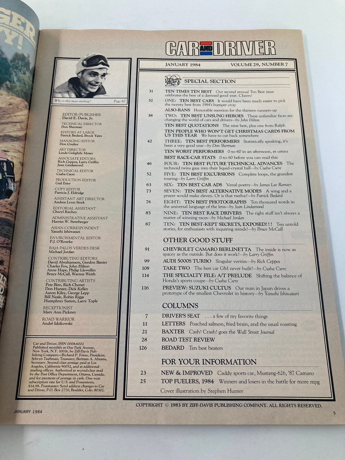 Contents page of VTG Car and Driver Magazine January 1984, listing features including Audi 5000s Turbo and Chevy Camaro, along with special sections about automotive innovations.