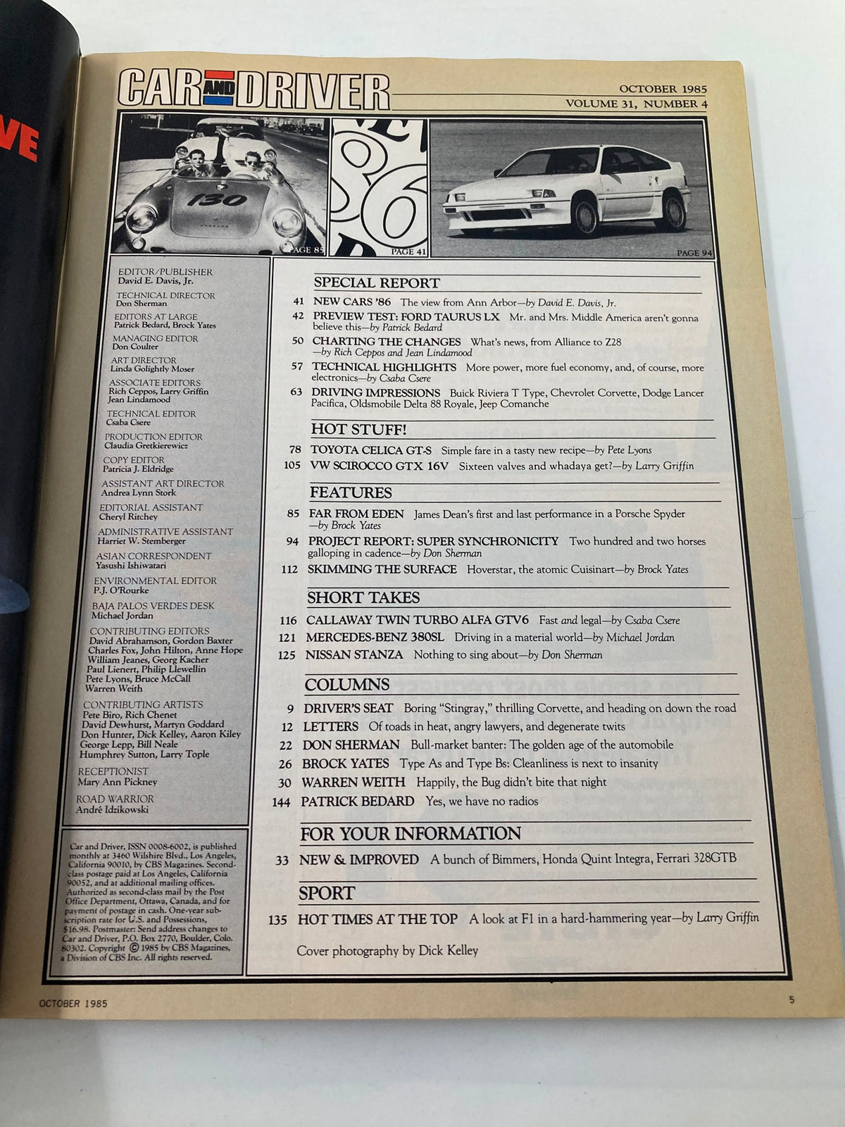 Interior page of VTG Car and Driver Magazine October 1985 displaying the table of contents with articles and features related to automotive topics.