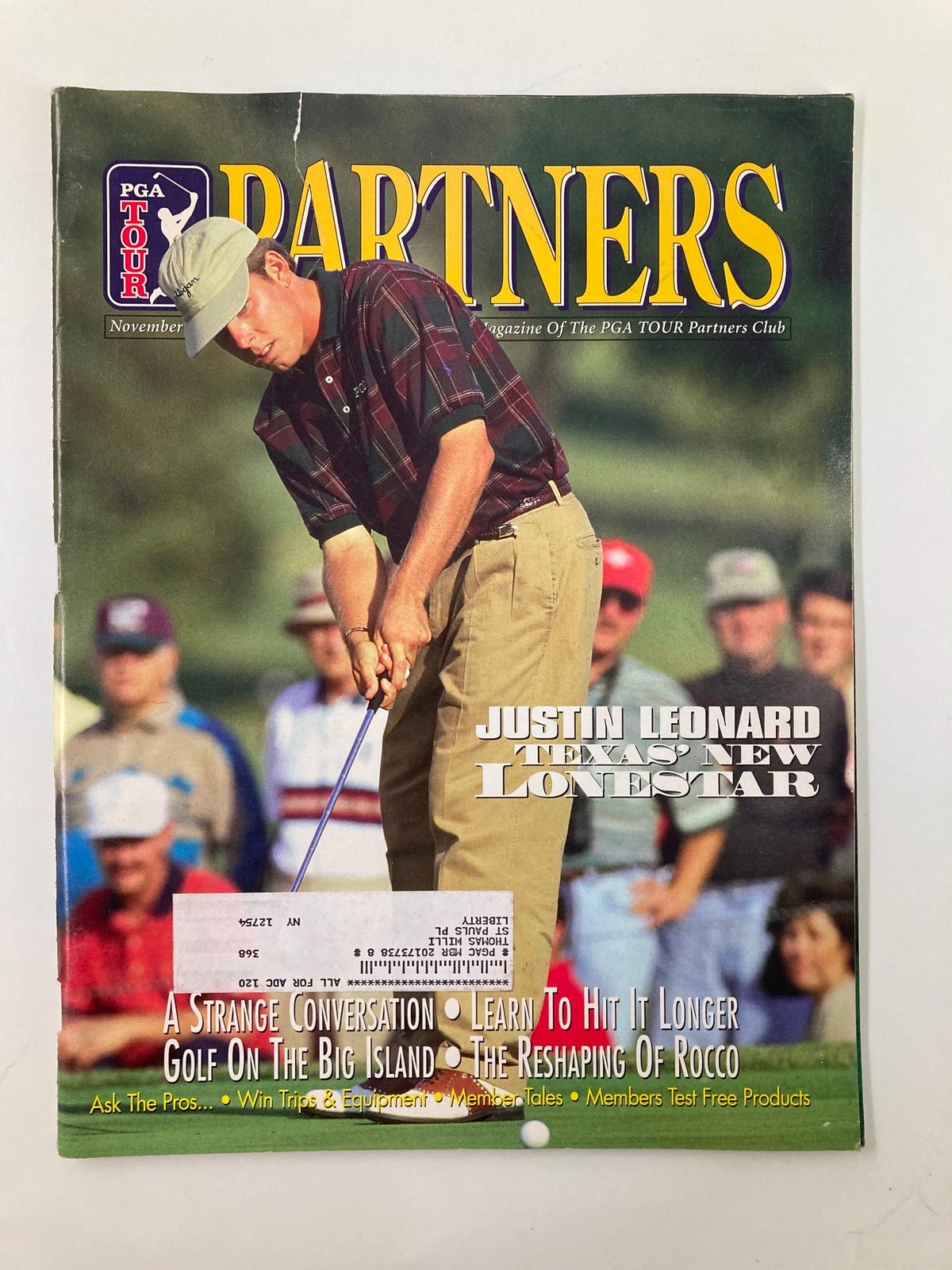Cover of PGA Tour Partners Magazine, November 1997, featuring Justin Leonard as Texas' New Lonestar, showcasing golf culture from the late 90s.