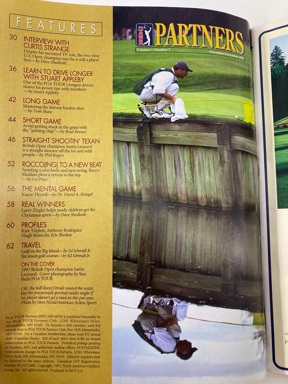 Interior page of PGA Tour Partners Magazine, November 1997, displaying featured articles including interviews and tips related to golf.