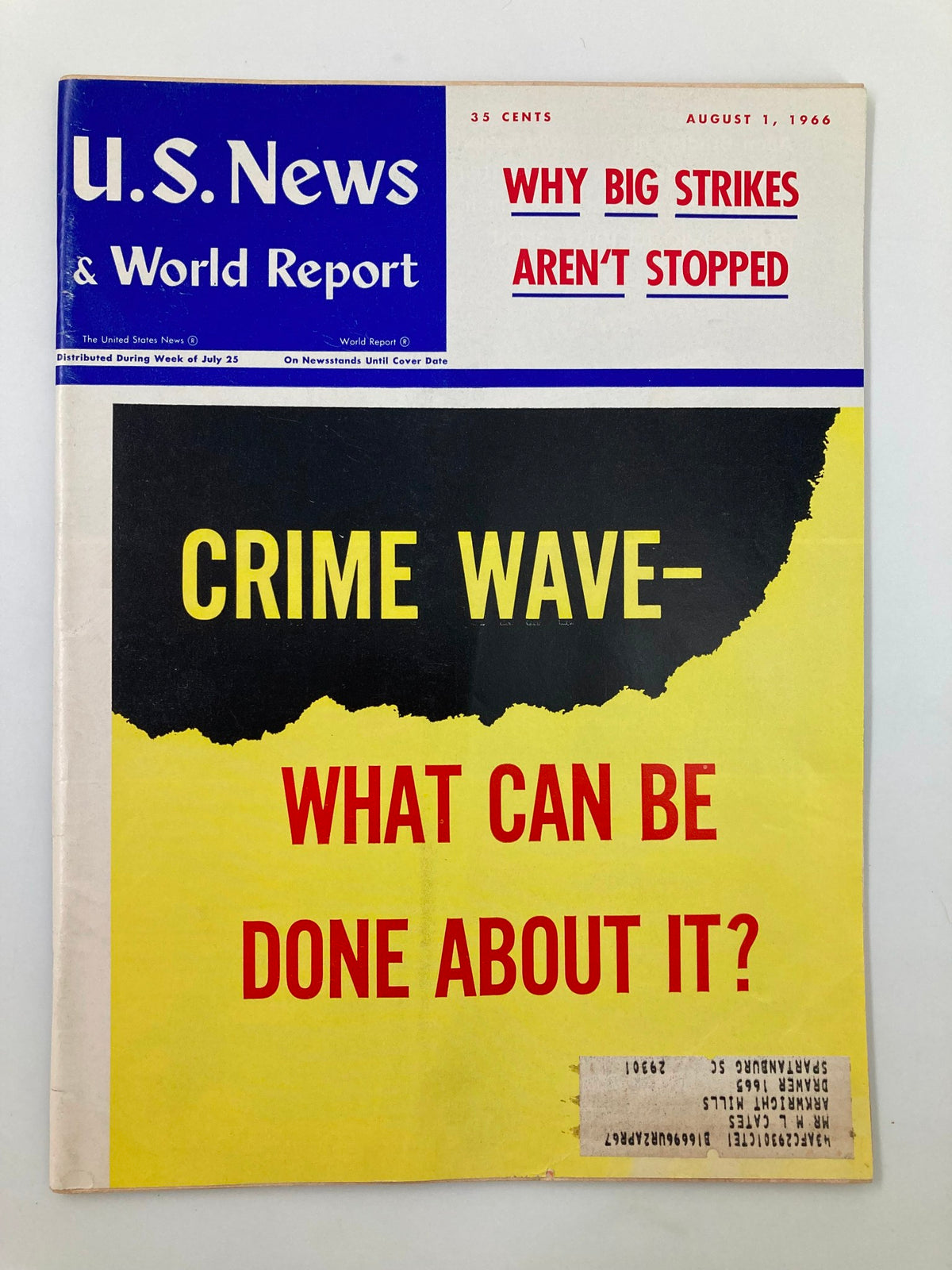 Cover of US News & World Report Magazine from August 1, 1966, featuring the headline 'Crime Wave - What Can Be Done About It?' with a bold yellow and black design.