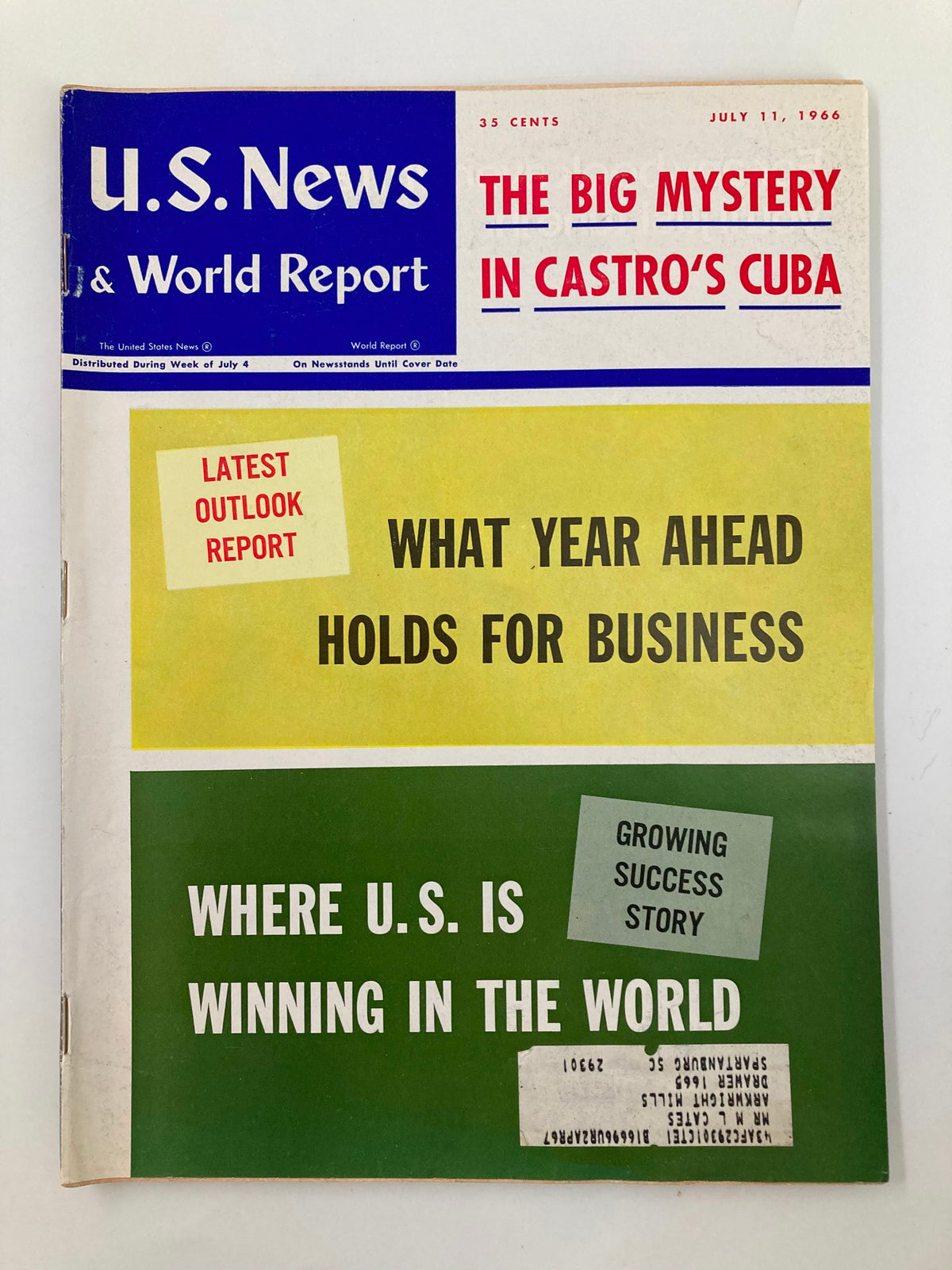 Cover of US News & World Report Magazine from July 11, 1966 featuring the title 'The Big Mystery in Castro's Cuba'. It includes headlines about business outlook and U.S. performance globally, highlighting its vintage appeal.