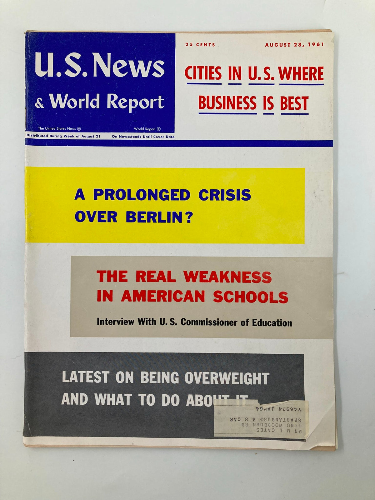 Cover of US News & World Report Magazine from August 28, 1961 featuring the headline 'A Prolonged Crisis Over Berlin'. The magazine highlights various topics including education and health.