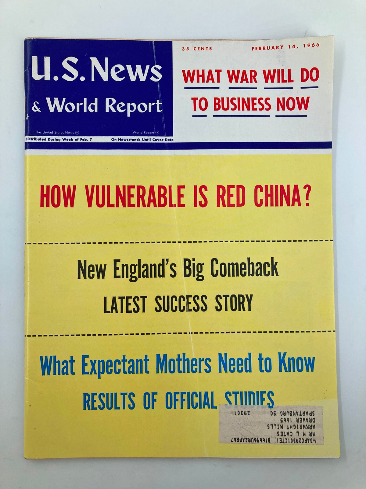 Cover of US News & World Report Magazine from February 14, 1966 featuring the headline 'How Vulnerable Is Red China?' along with other articles and vibrant colorful design.