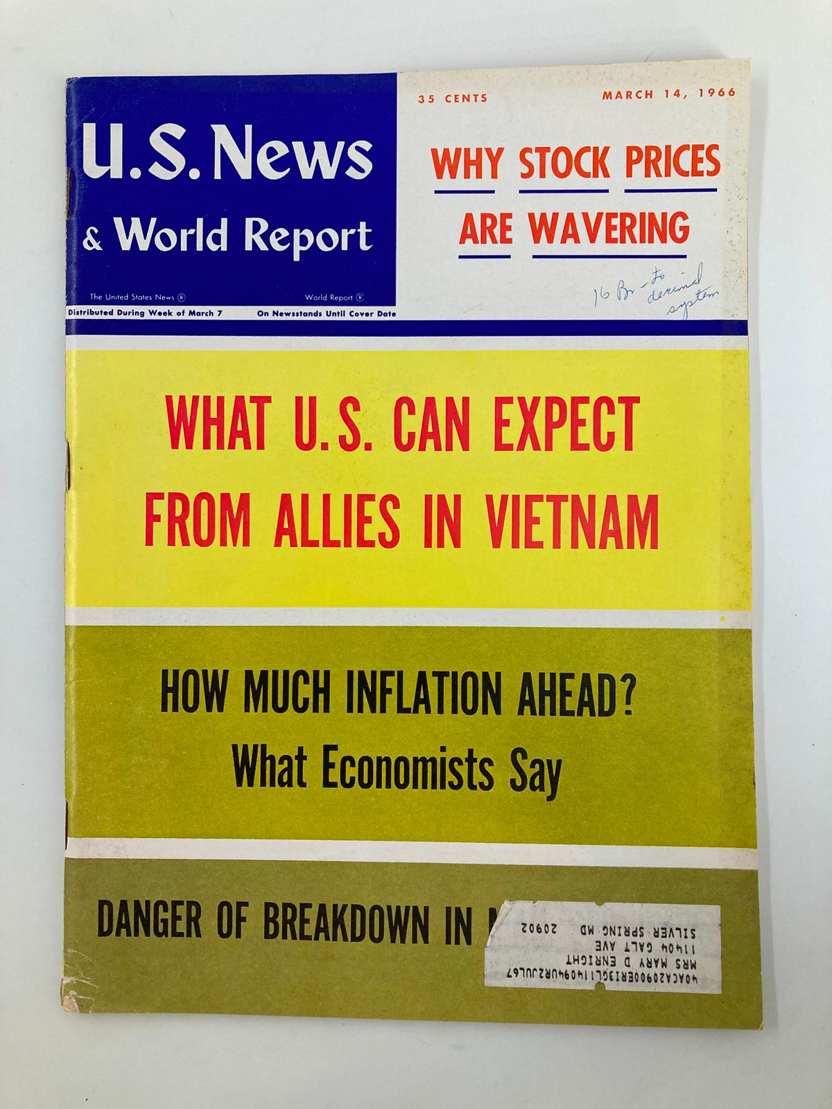 Cover of US News & World Report Magazine March 14, 1966 featuring the headline Why Stock Prices Are Wavering, including subtopics on U.S. expectations in Vietnam, inflation forecasts, and economic concerns.