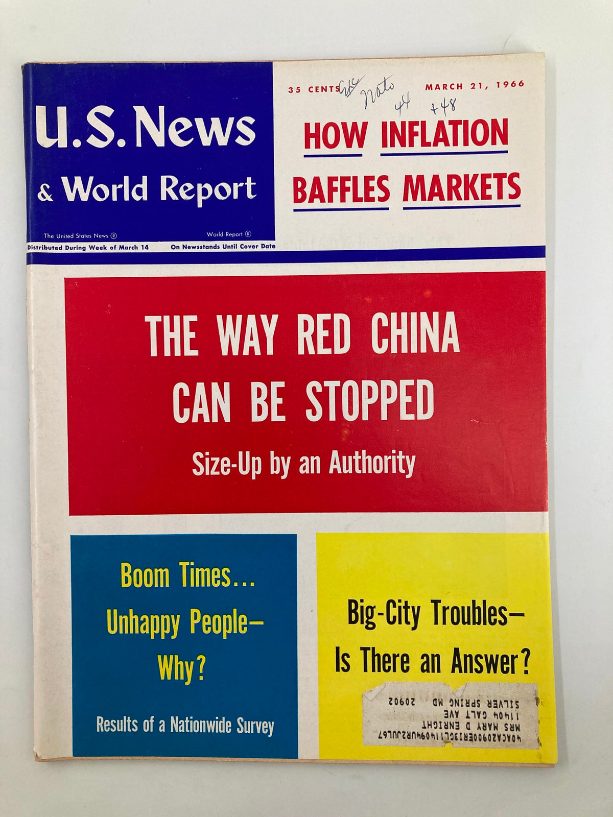 Cover of US News & World Report Magazine from March 21, 1966, featuring the title 'How Inflation Baffles Markets' along with additional headlines about China and urban issues.
