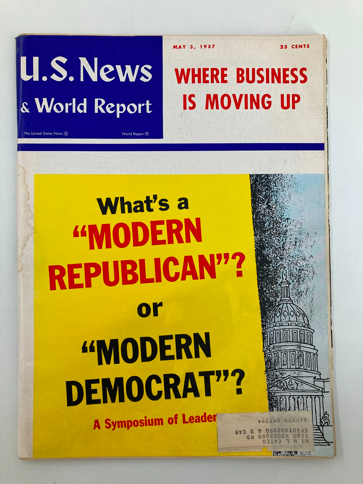US News & World Report Magazine May 3 1957 cover featuring the title 'What's A Modern Republican?' with a yellow and red design, discussing modern republicans and democrats, and an illustration of a historic building.