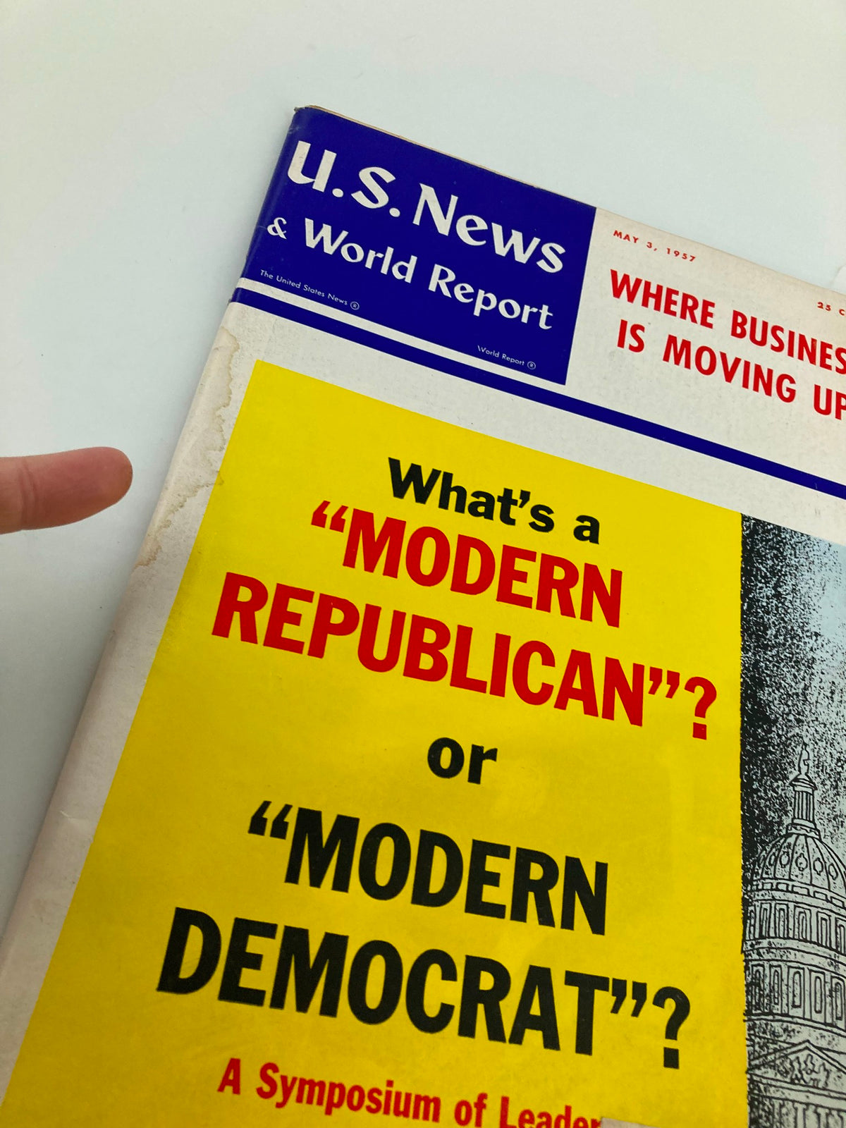 Close-up view of the US News & World Report Magazine May 3 1957 cover highlighting the question 'What's A Modern Republican?' showcasing vibrant colors and vintage magazine aesthetic.