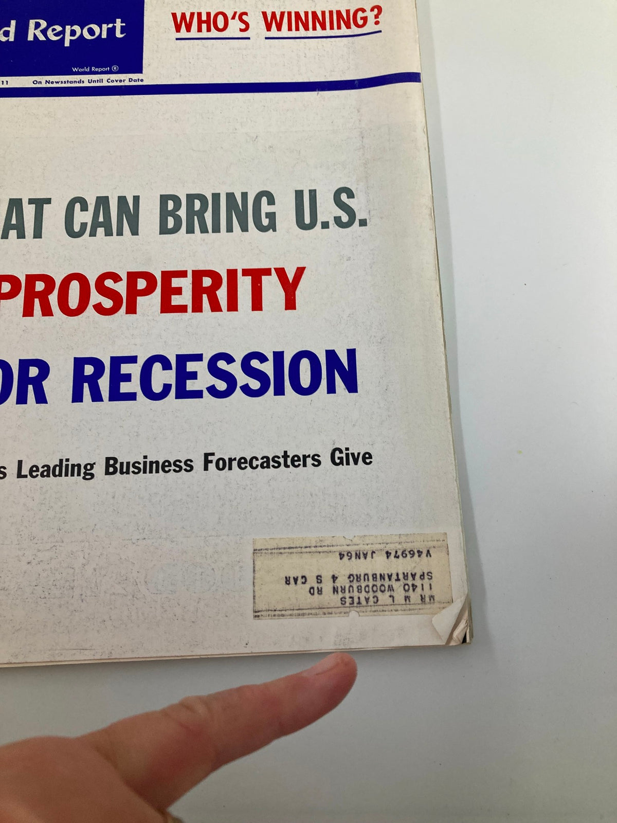 Close-up of the June 18, 1962 US News & World Report Magazine cover, displaying text about U.S. prosperity and recession, and featuring the intriguing question, 'Who's Winning?' related to the U.S. vs Russia.