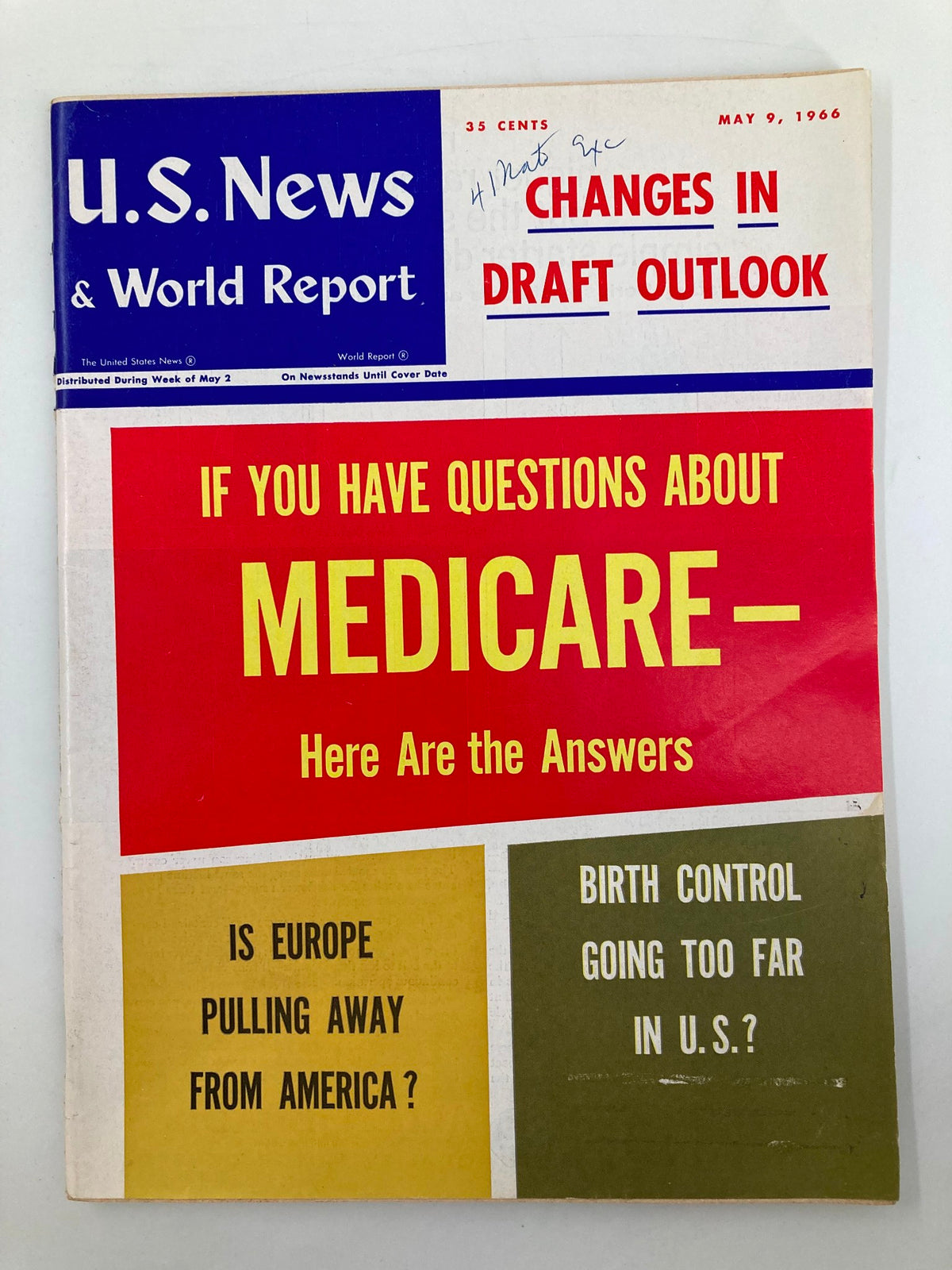 US News & World Report Magazine May 9 1966 featuring the cover story 'Changes in Draft Outlook', with vibrant red and blue sections, highlighting topics on Medicare, European policies, and birth control debates.