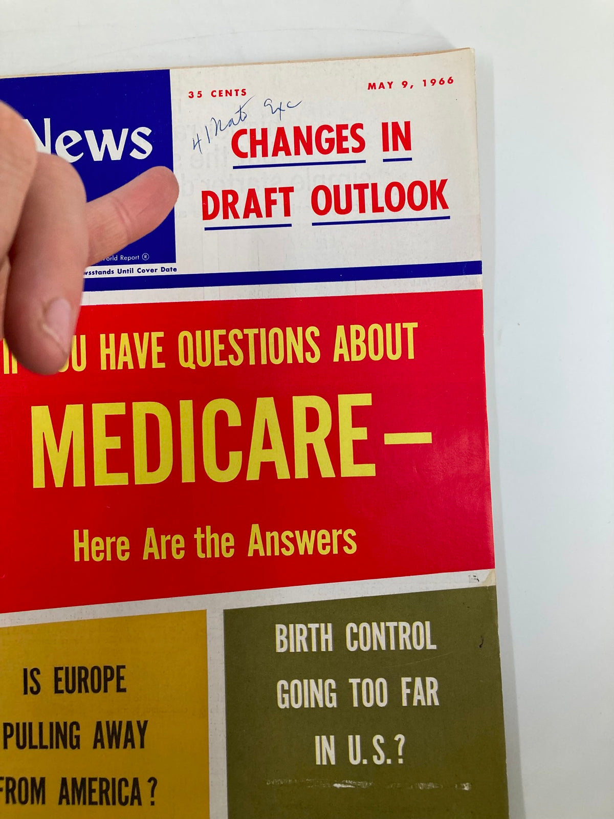 Cover of the US News & World Report Magazine from May 9, 1966, featuring the headline 'Changes in Draft Outlook', with a handwritten note and a visible finger pointing at the cover.
