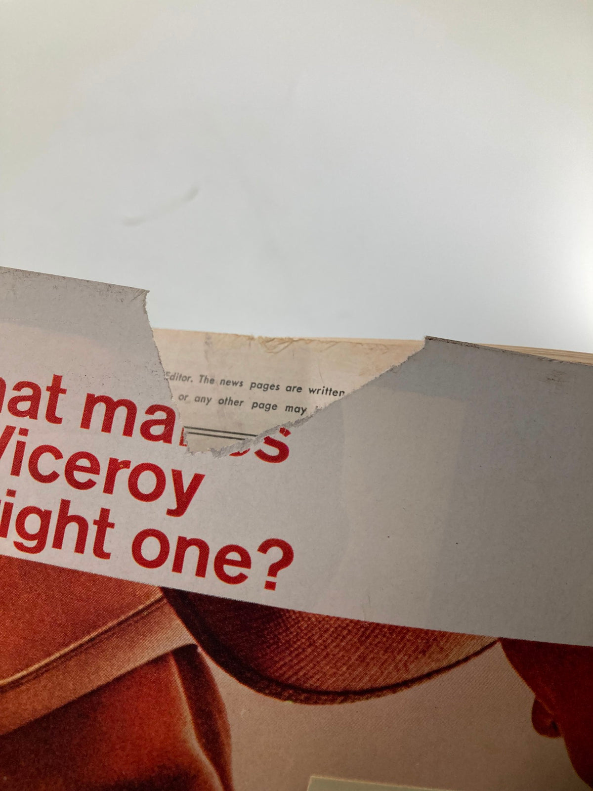 Back cover detail of the US News & World Report Magazine May 9, 1966, showing a small rip and part of the magazine's advertisement.