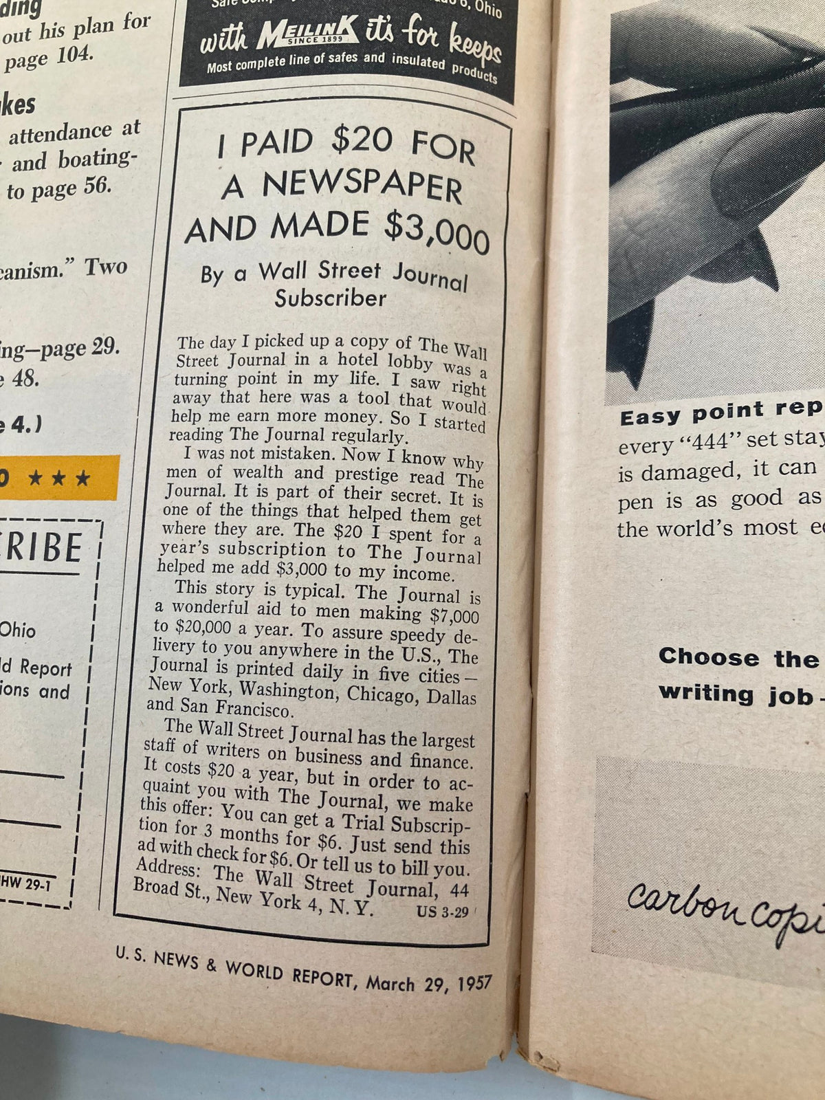 Inside page of US News & World Report Magazine from March 29, 1957, displaying an advertisement regarding a subscription offer to The Wall Street Journal, emphasizing the financial benefits and insights provided by reading the publication.