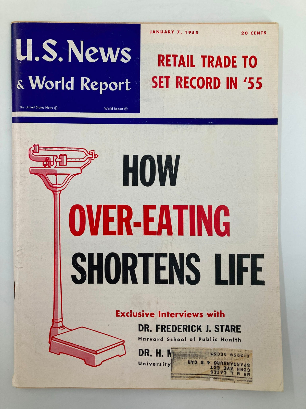 Cover of US News & World Report Magazine dated January 7, 1955, featuring the headline 'How Over-Eating Shortens Life' along with details about exclusive interviews with health experts.