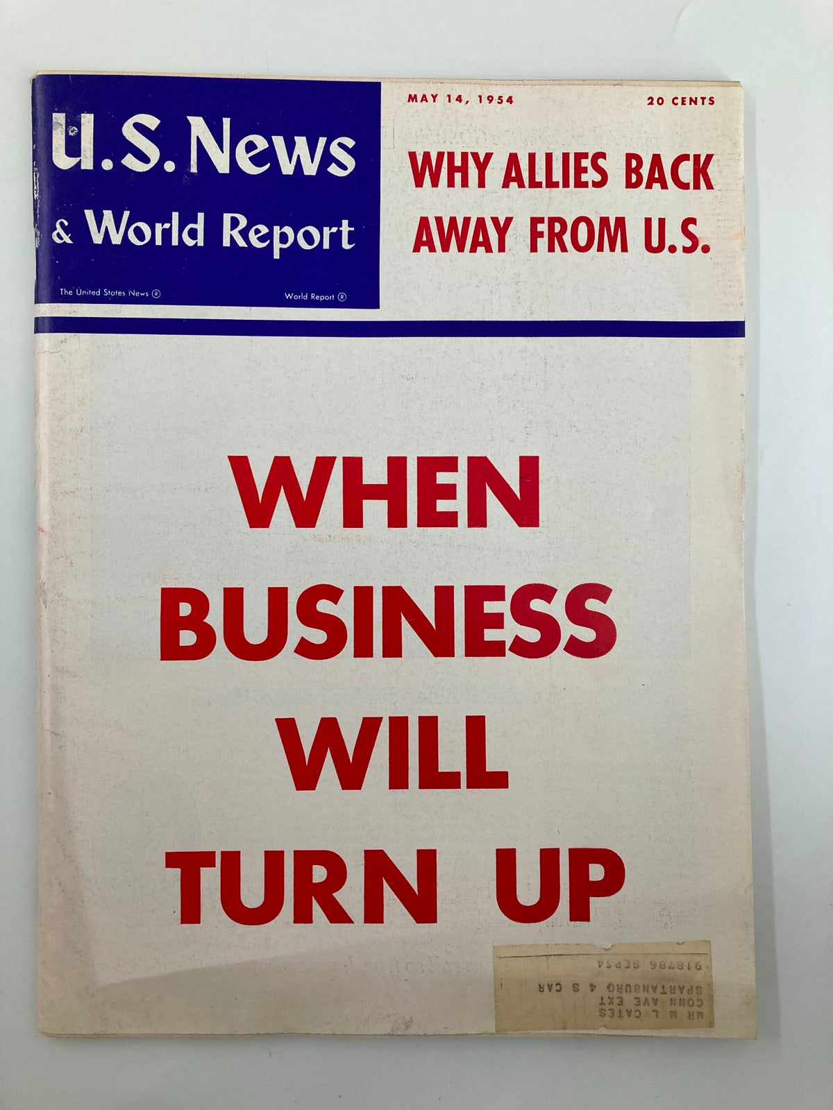Cover of US News & World Report Magazine dated May 14, 1954, featuring the headline 'When Business Will Turn Up' with bold red text, showcasing a vintage look.