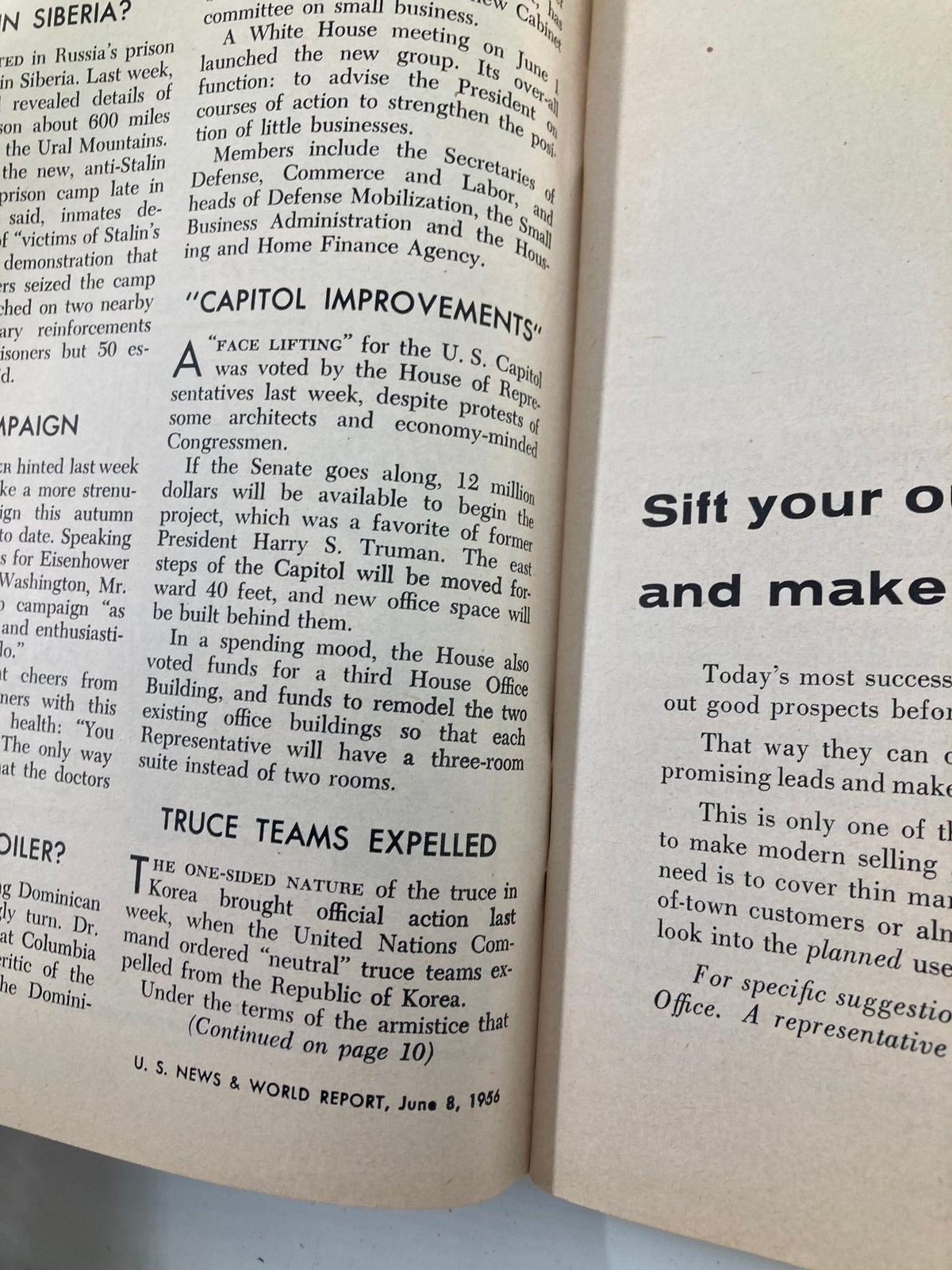 Interior page of US News & World Report Magazine dated June 8, 1956, featuring articles on life insurance symposium and U.S. Capitol improvements. Highlights include historical context and societal impacts discussed in the magazine.