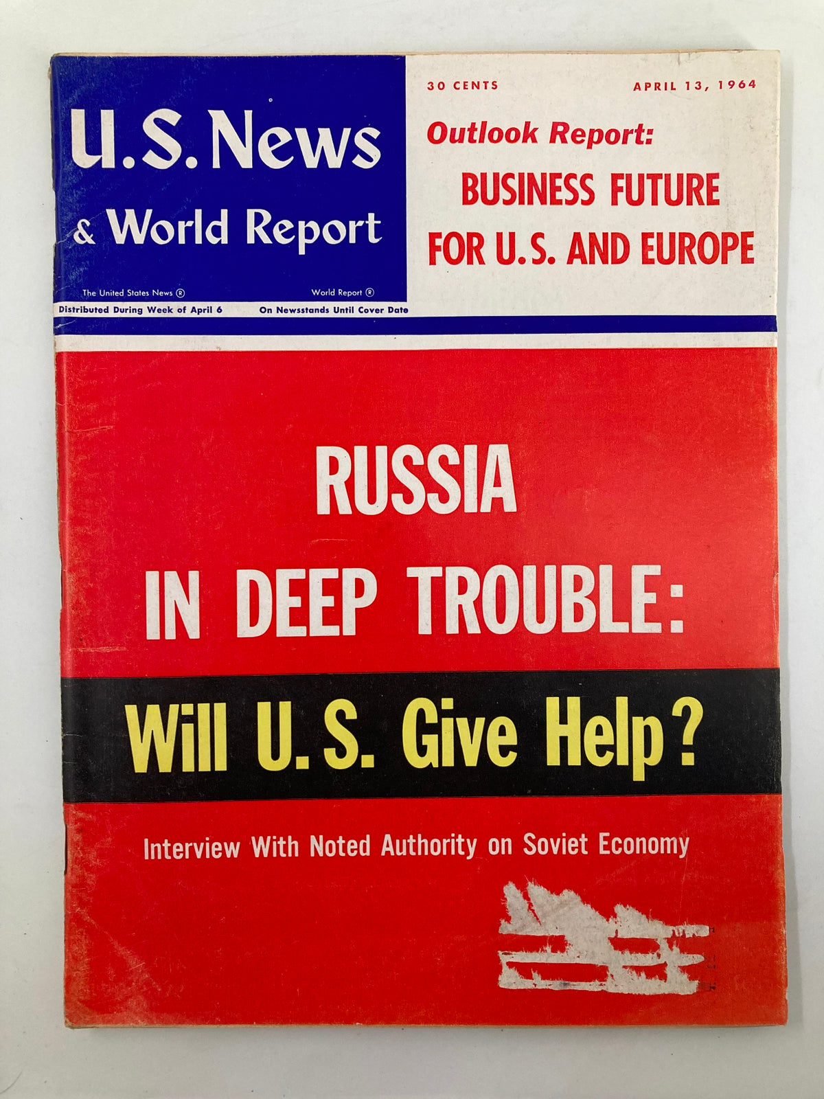 Cover of US News & World Report Magazine from April 13, 1964, featuring the headline 'Outlook Report: Business Future for U.S. and Europe', with an emphasis on Russia in economic trouble and an article interview on Soviet economy.
