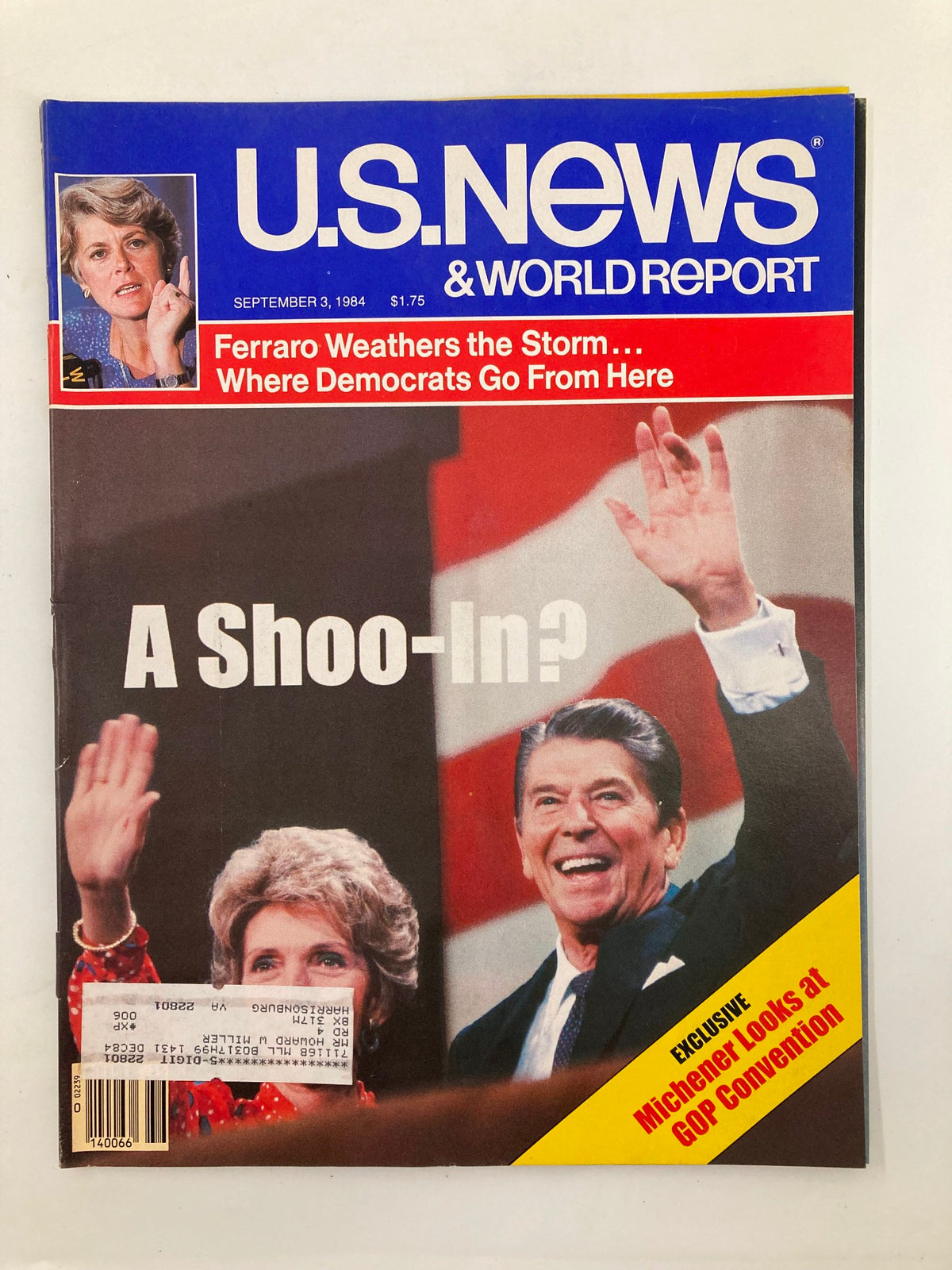 Cover of US News & World Report Magazine from September 3, 1984, featuring Ronald Reagan and Geraldine Ferraro. The cover highlights a significant political discussion about the 1984 election, asking if Reagan is a 'Shoo-In?' with a vibrant image of Reagan waving and Ferraro looking on.