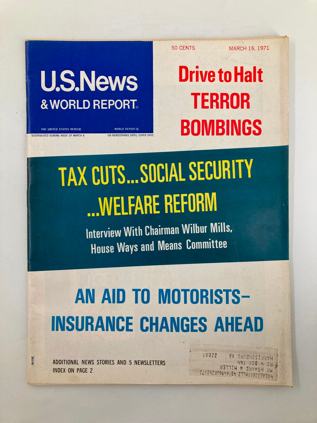 Cover of US News & World Report Magazine from March 15, 1971, featuring the headline 'Drive to Halt Terror Bombings'. The cover highlights key topics including tax cuts, social security, and welfare reform.