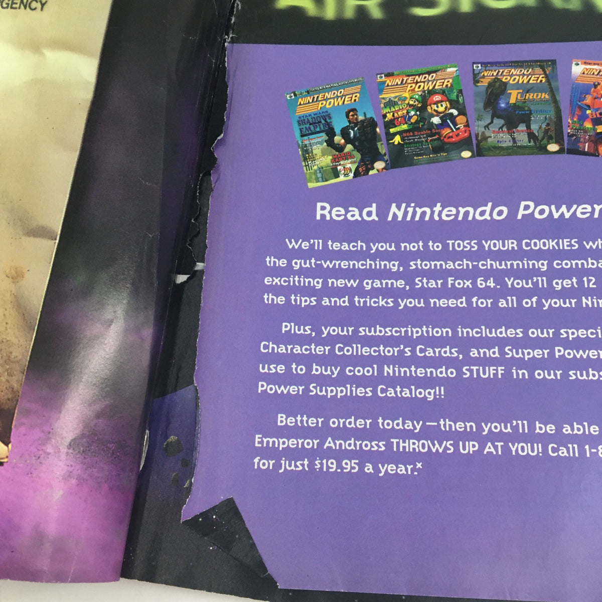 Inside page of Nintendo Power Magazine July 1997 highlighting subscription details with visuals of various games.