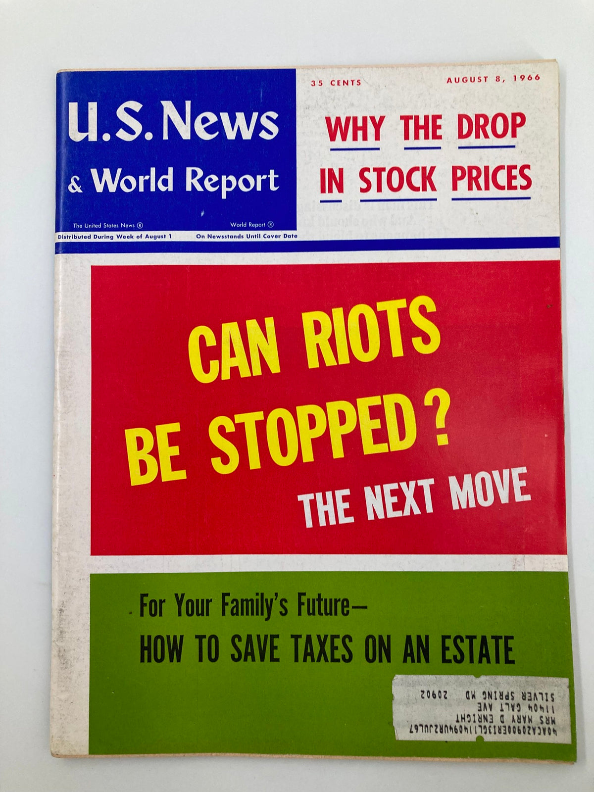 US News & World Report Magazine from August 8, 1966 featuring the cover story 'Can Riots Be Stopped? The Next Move' alongside a headline discussing stock prices, capturing significant social issues of the era.