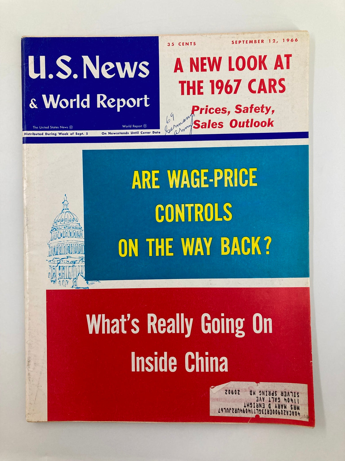 Cover of US News & World Report Magazine from September 12, 1966, titled 'A New Look at The 1967 Cars', featuring headlines on wage-price controls and insights on China.