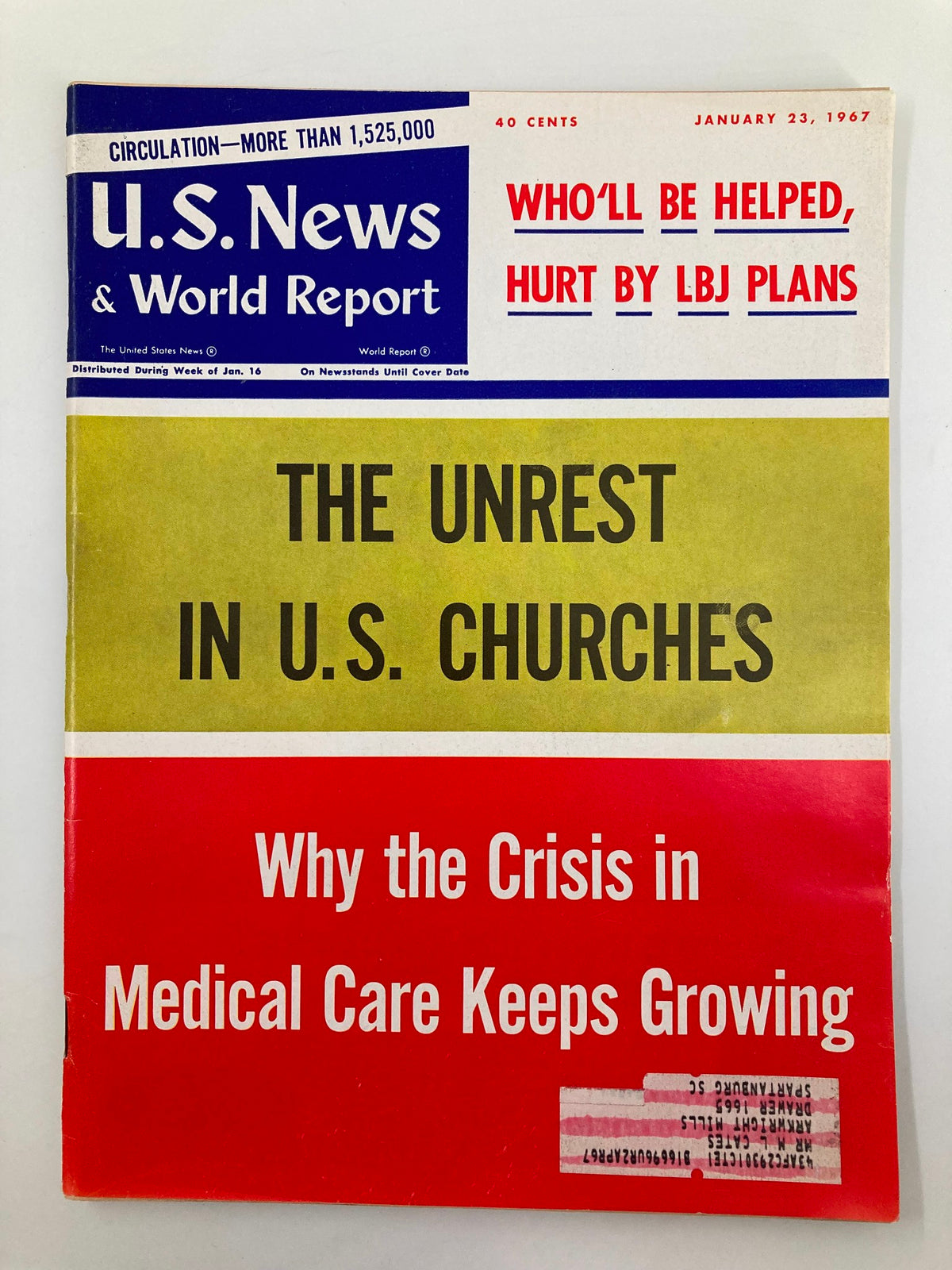 Cover of US News & World Report Magazine from January 23, 1967, featuring the title 'The Unrest in U.S. Churches' with additional headlines about LBJ plans and medical care crisis.