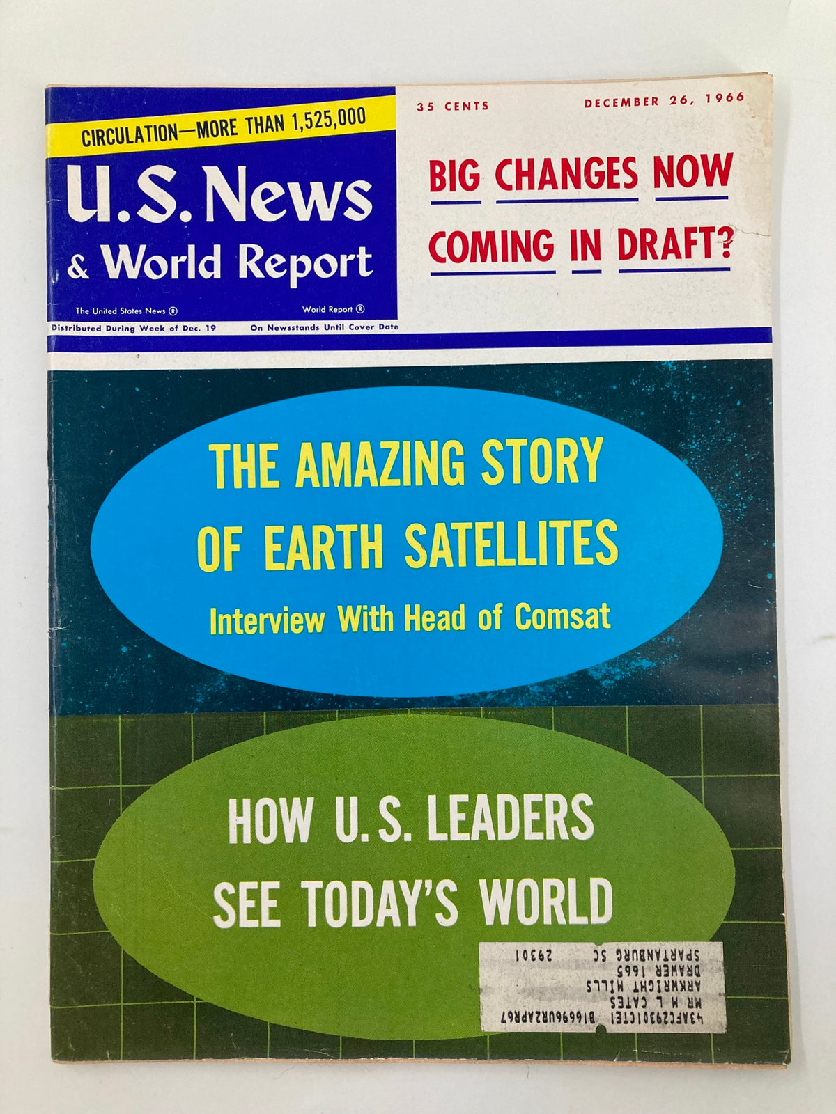 Cover of US News & World Report Magazine December 26 1966 featuring the story of Earth Satellites and an interview with the head of Comsat, showcasing vintage graphics and a nostalgic aesthetic.
