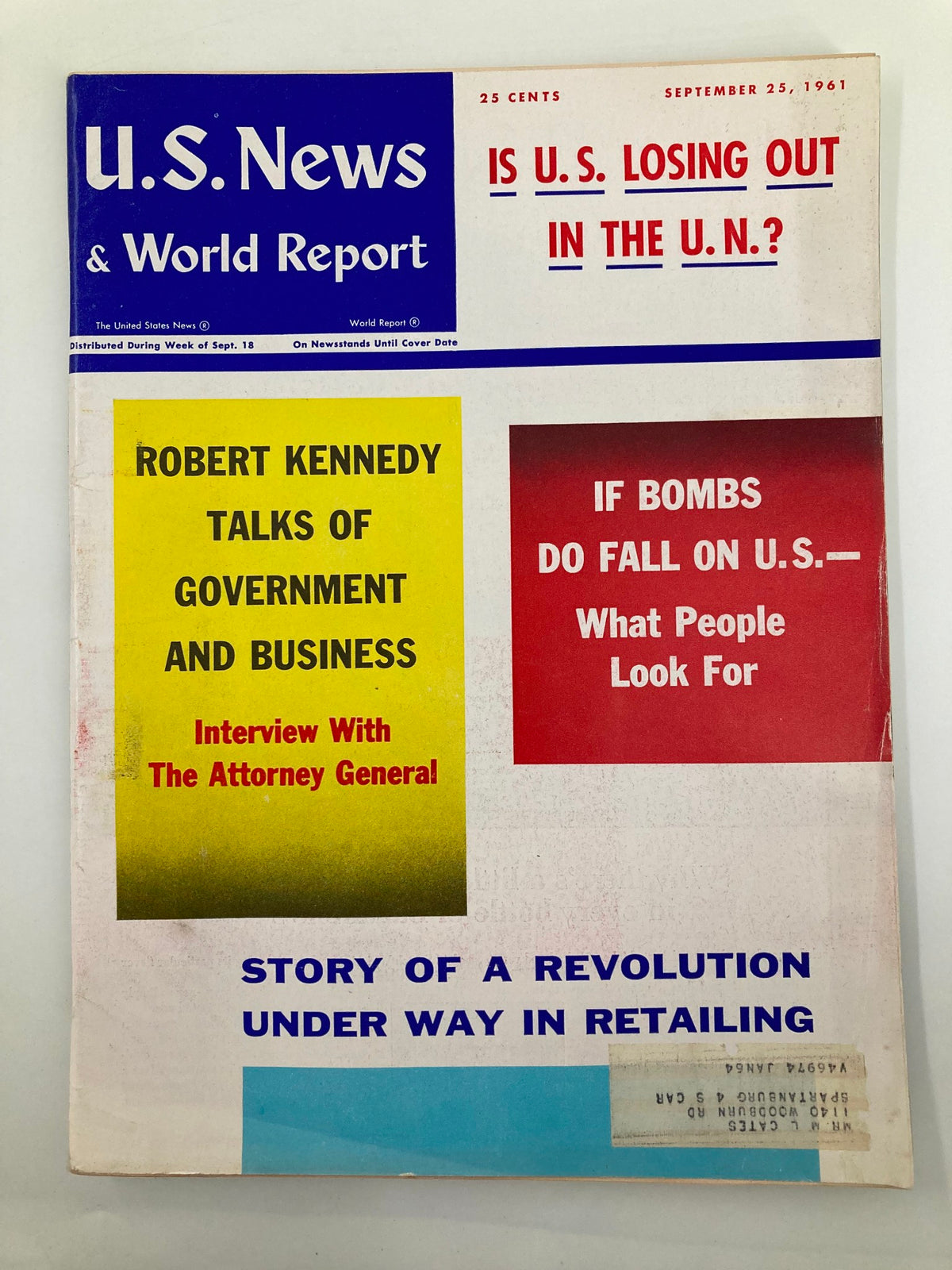 Cover of US News & World Report Magazine dated September 25, 1961, featuring Robert Kennedy's interview on business and government, with bold headlines discussing current issues.