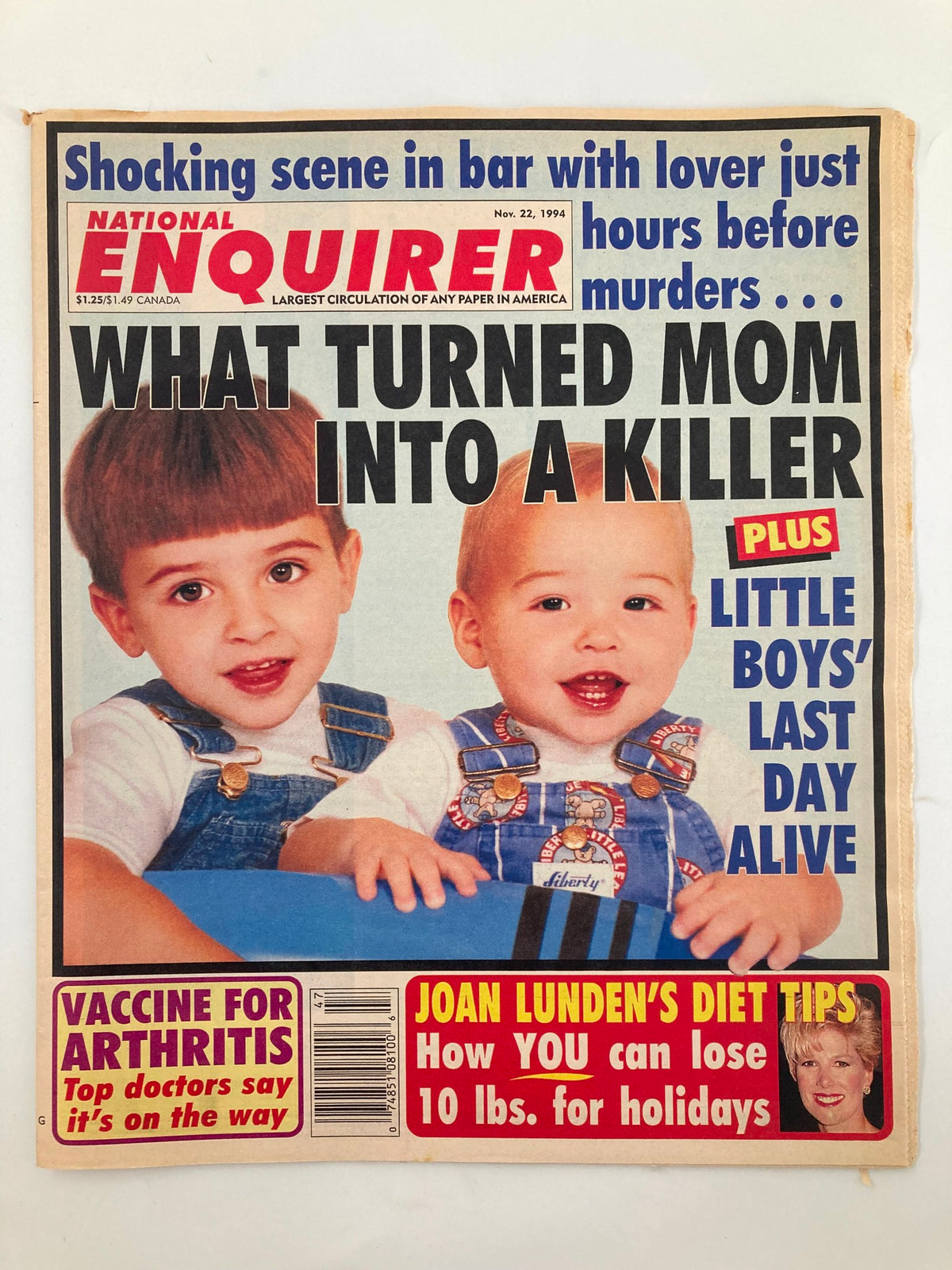 Cover of National Enquirer Magazine from November 22, 1994, featuring a headline about Joan Lunden's diet tips. The cover includes images of two children and other sensational stories, capturing the style and topics popular in vintage tabloids.