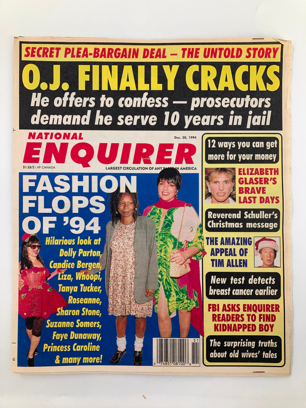 National Enquirer Magazine December 20 1994 cover featuring headlines on celebrity fashion flops, O.J. Simpson, and iconic personalities like Dolly Parton and Whoopi Goldberg.