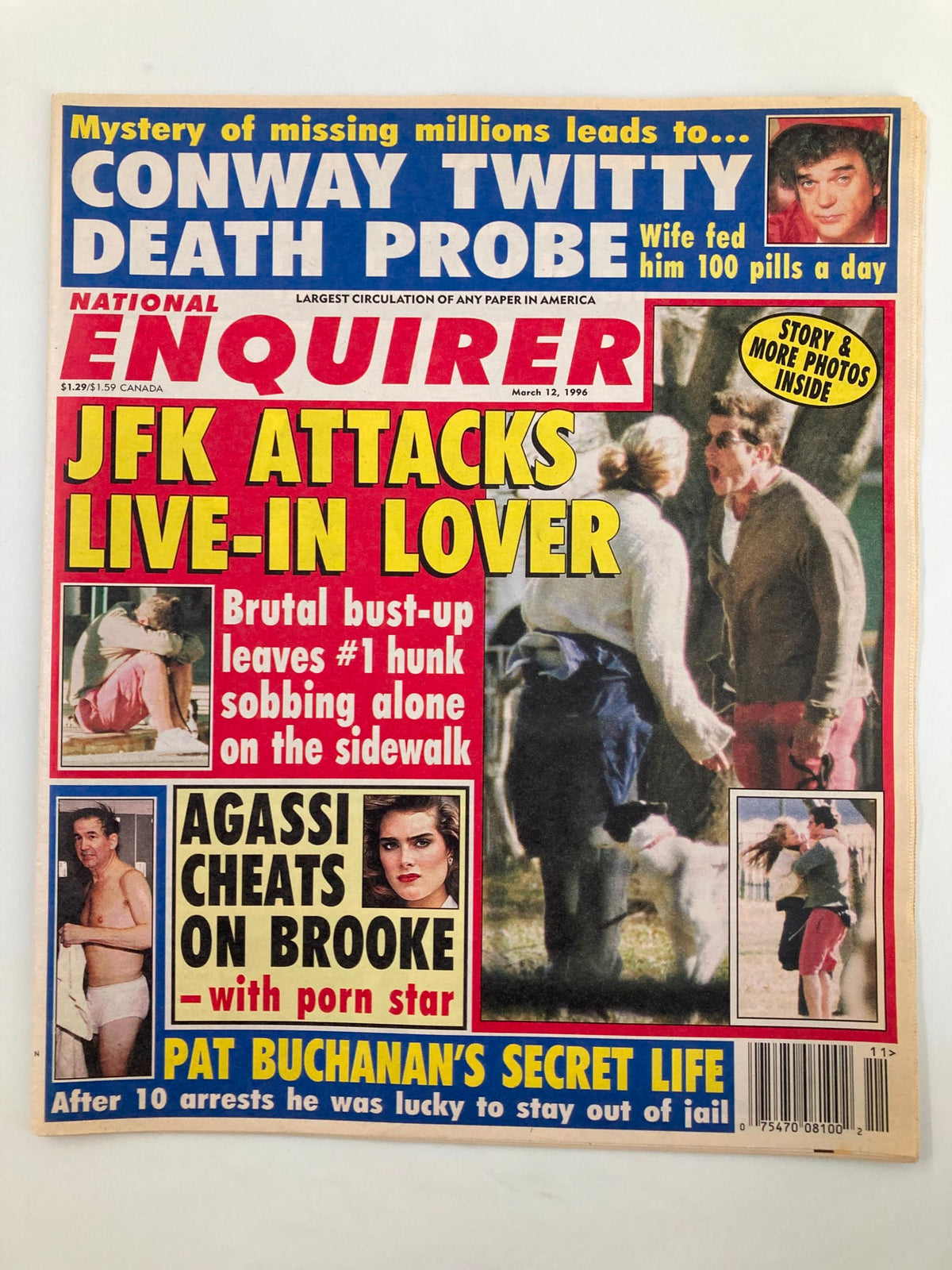 Cover of National Enquirer Magazine from March 12, 1996, featuring sensational headlines including 'JFK Attacks Live-In Lover,' 'Agassi Cheats on Brooke,' and 'Conway Twitty Death Probe.' The vibrant design reflects 1990s tabloid culture.