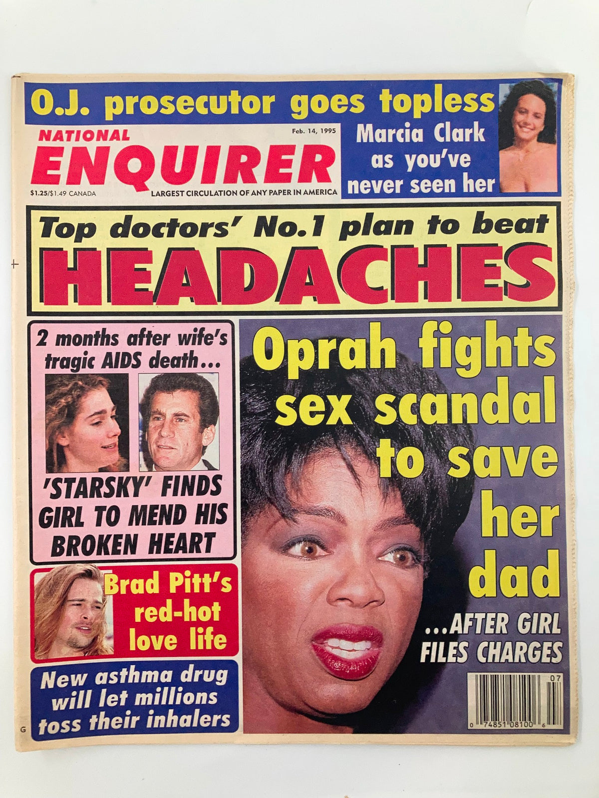 Cover of National Enquirer Magazine, February 14, 1995 featuring bold headlines about Oprah Winfrey and Brad Pitt, highlighting significant pop culture moments and celebrity gossip from the 90s. The magazine showcases vibrant visuals and intriguing celebrity stories, perfect for vintage magazine collectors.