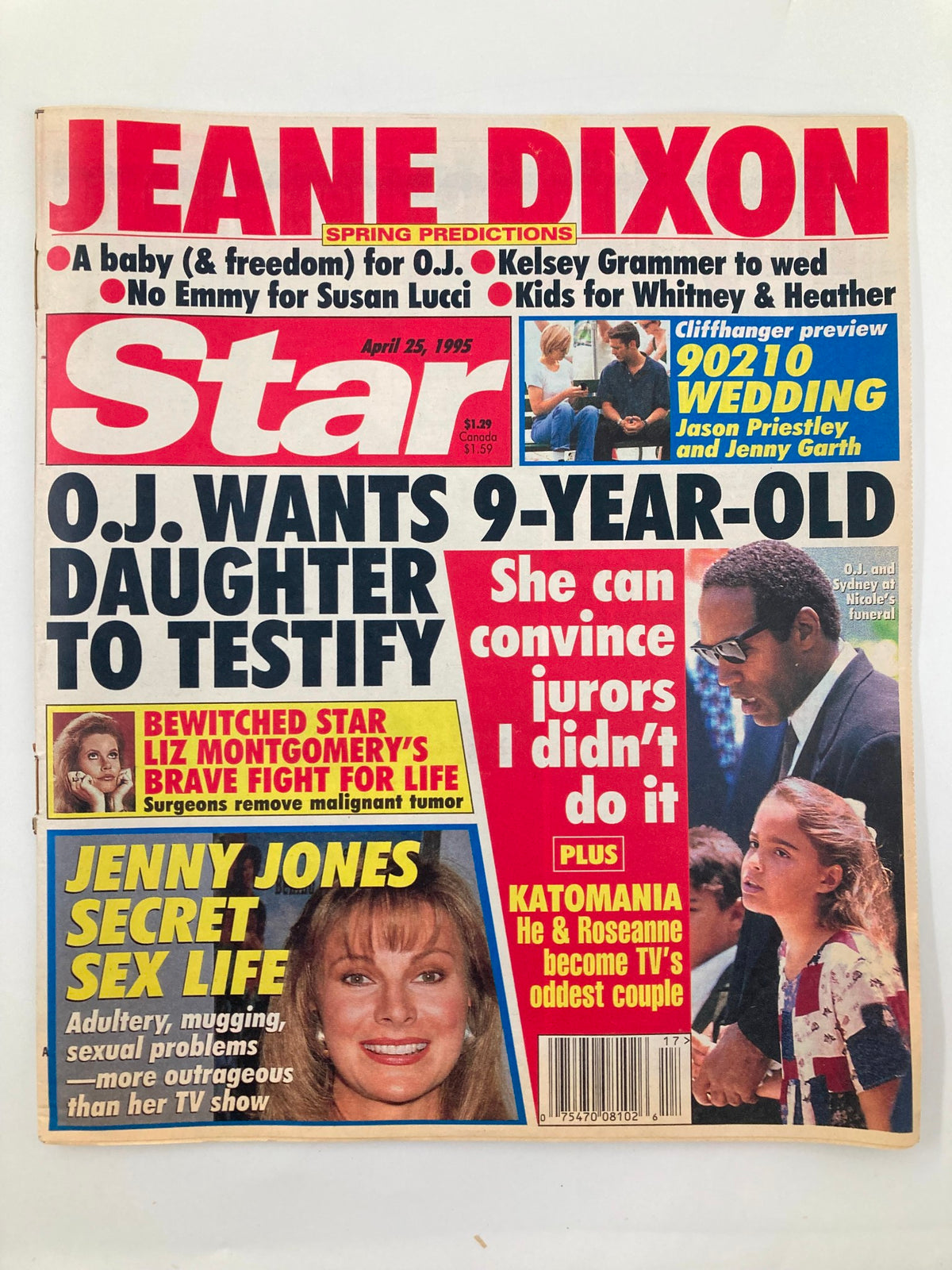 Cover of Star Tabloid Magazine from April 25, 1995, featuring headlines about O.J. Simpson's daughter testifying, Liz Montgomery's health struggle, and Jenny Jones's controversial personal life. Captivating pop culture imagery showcases highlights from the 90s entertainment scene.