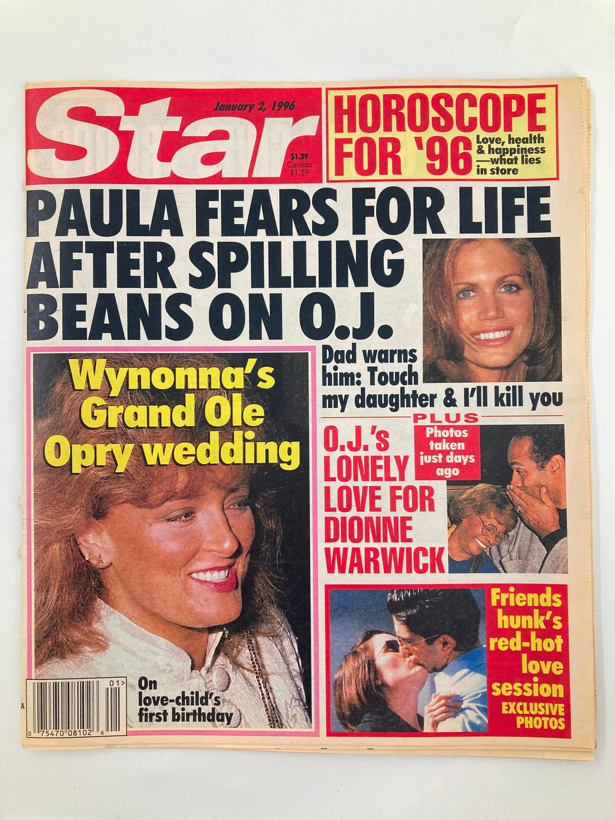 Cover of Star Tabloid Magazine January 2, 1996 featuring headlines about OJ Simpson and Dionne Warwick, including 'Paula Fears for Life After Spilling Beans on O.J.' and 'O.J.'s Lonely Love for Dionne Warwick'. The magazine showcases iconic pop culture from the 1990s.