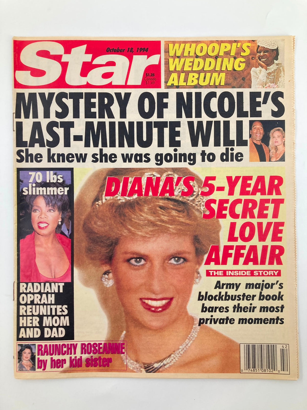 Star Tabloid Magazine cover from October 18, 1994 featuring Princess Diana, Oprah Winfrey, and OJ Simpson. The cover highlights stories including Diana's secret love affair and the mystery of Nicole's last-minute will, capturing key pop culture moments of the 90s.