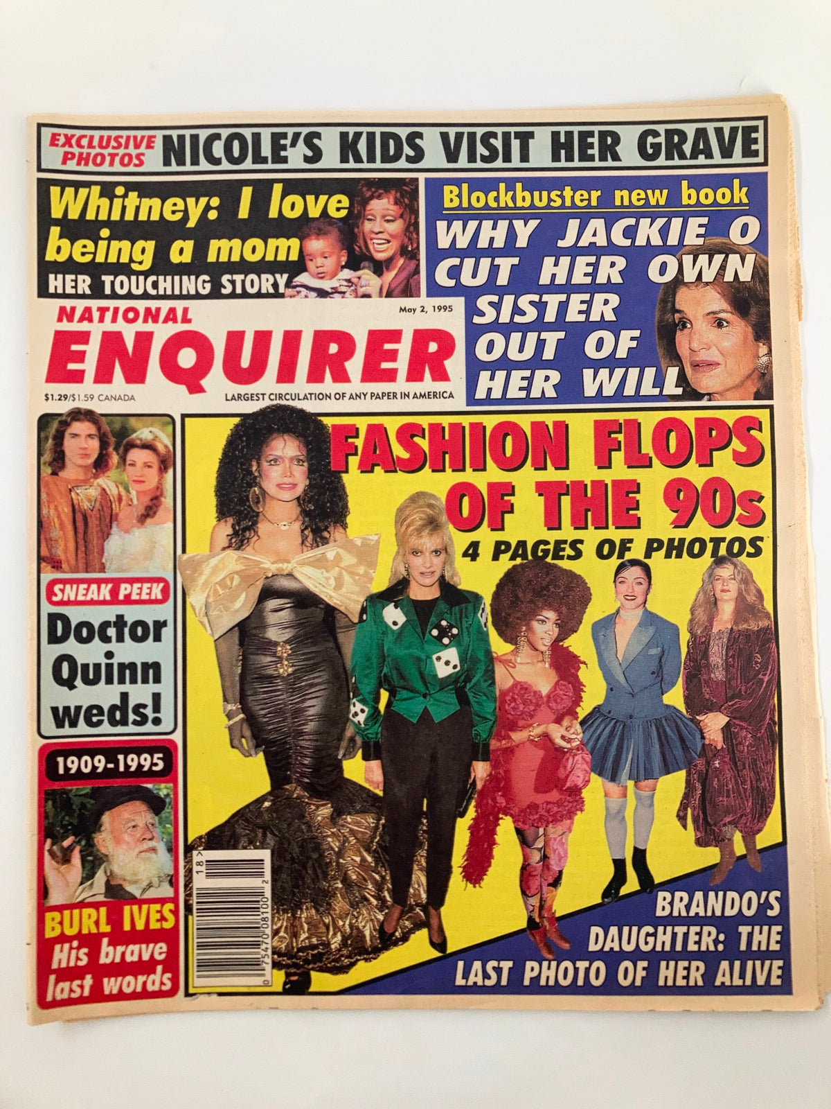 National Enquirer Magazine from May 2, 1995 featuring Jackie Onassis and Whitney Houston on the cover, highlighting topics such as Jackie O's family drama and fashion flops of the '90s.